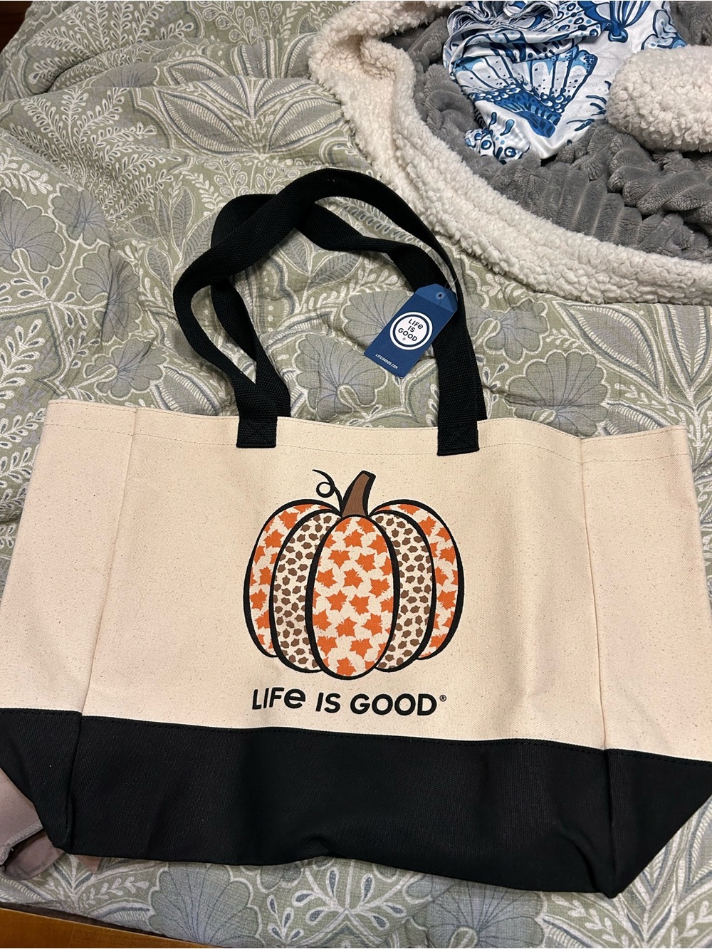 Life Is Good Cream Tote with Black Handles and Trim